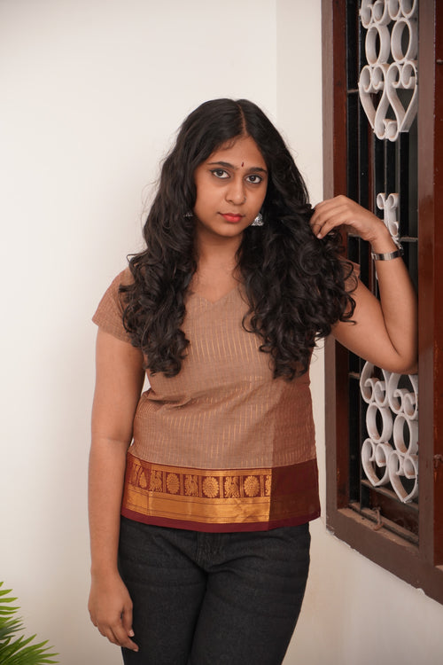 Beige with Brown Border Chettinad Cotton Short Kurti - #NST007