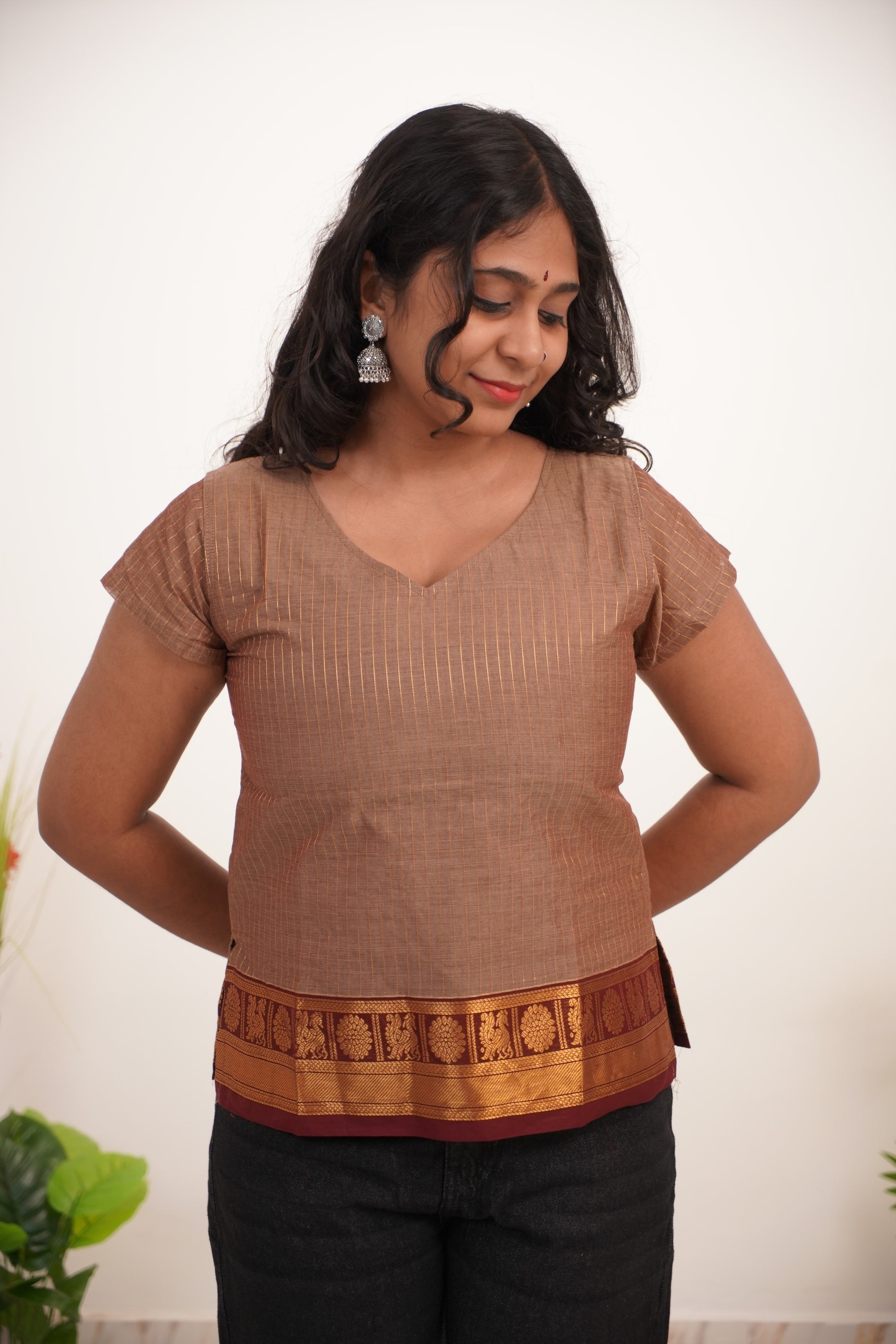 Beige with Brown Border Chettinad Cotton Short Kurti - #NST007
