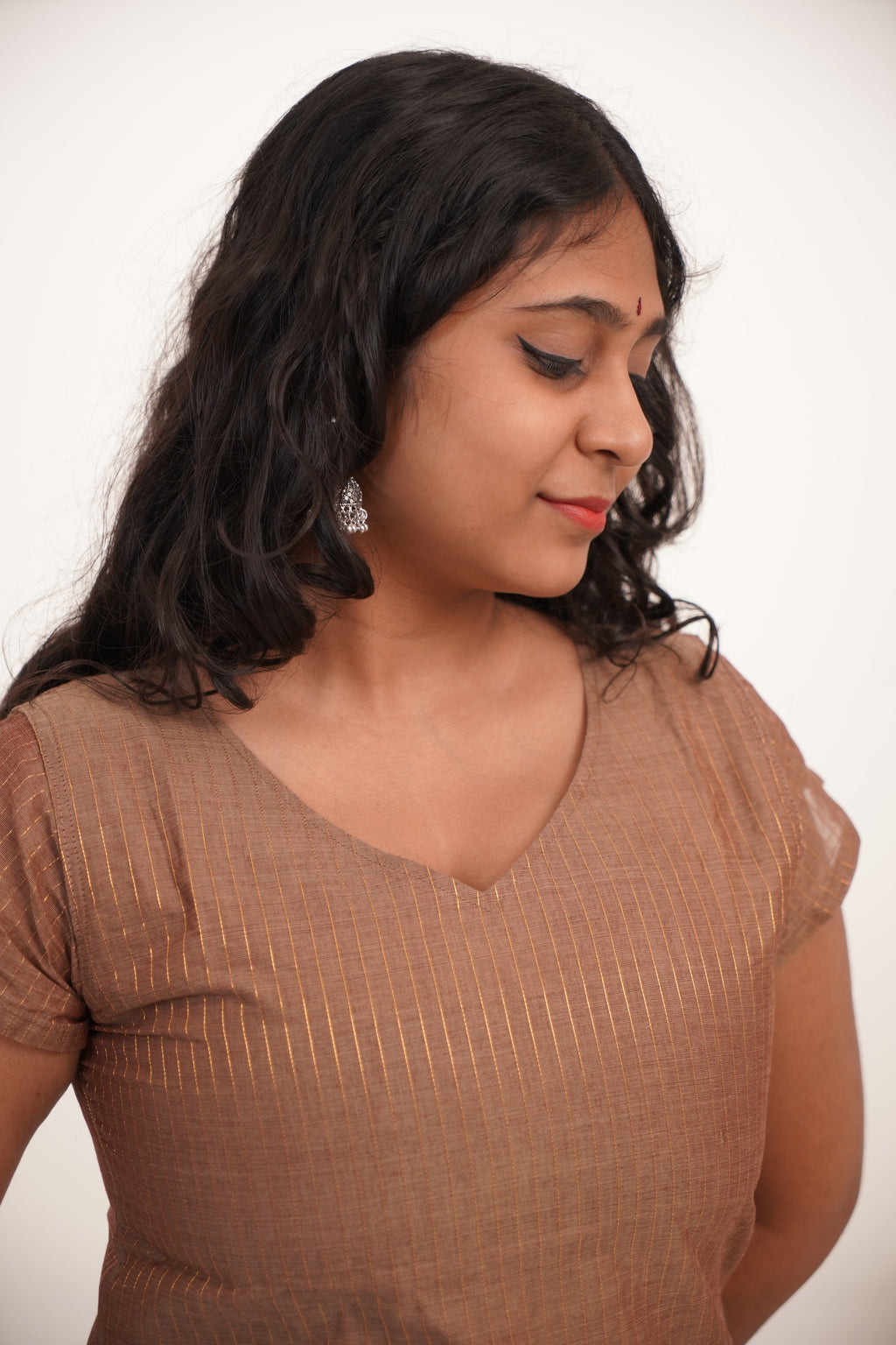 Beige with Brown Border Chettinad Cotton Short Kurti - #NST007