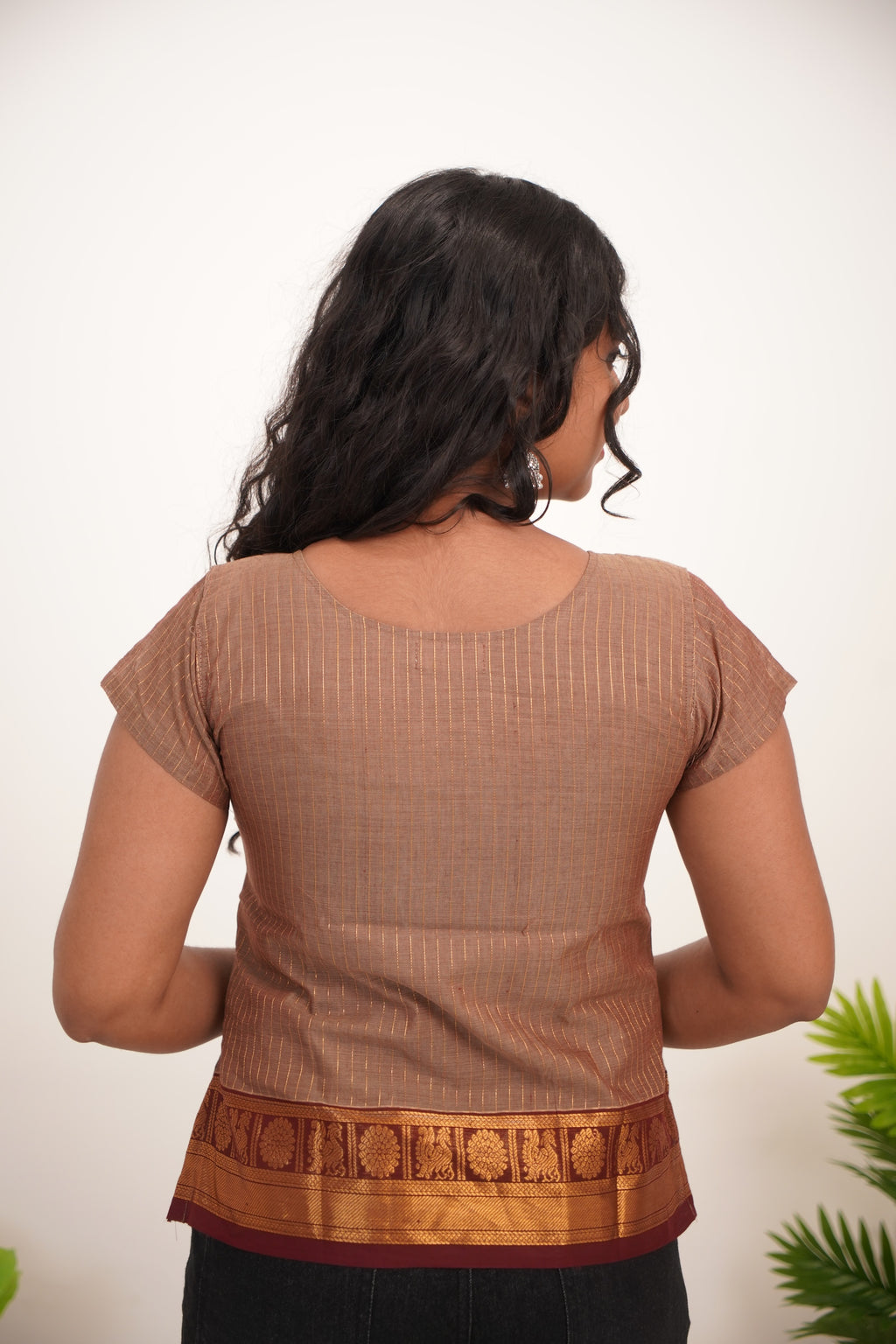 Beige with Brown Border Chettinad Cotton Short Kurti - #NST007