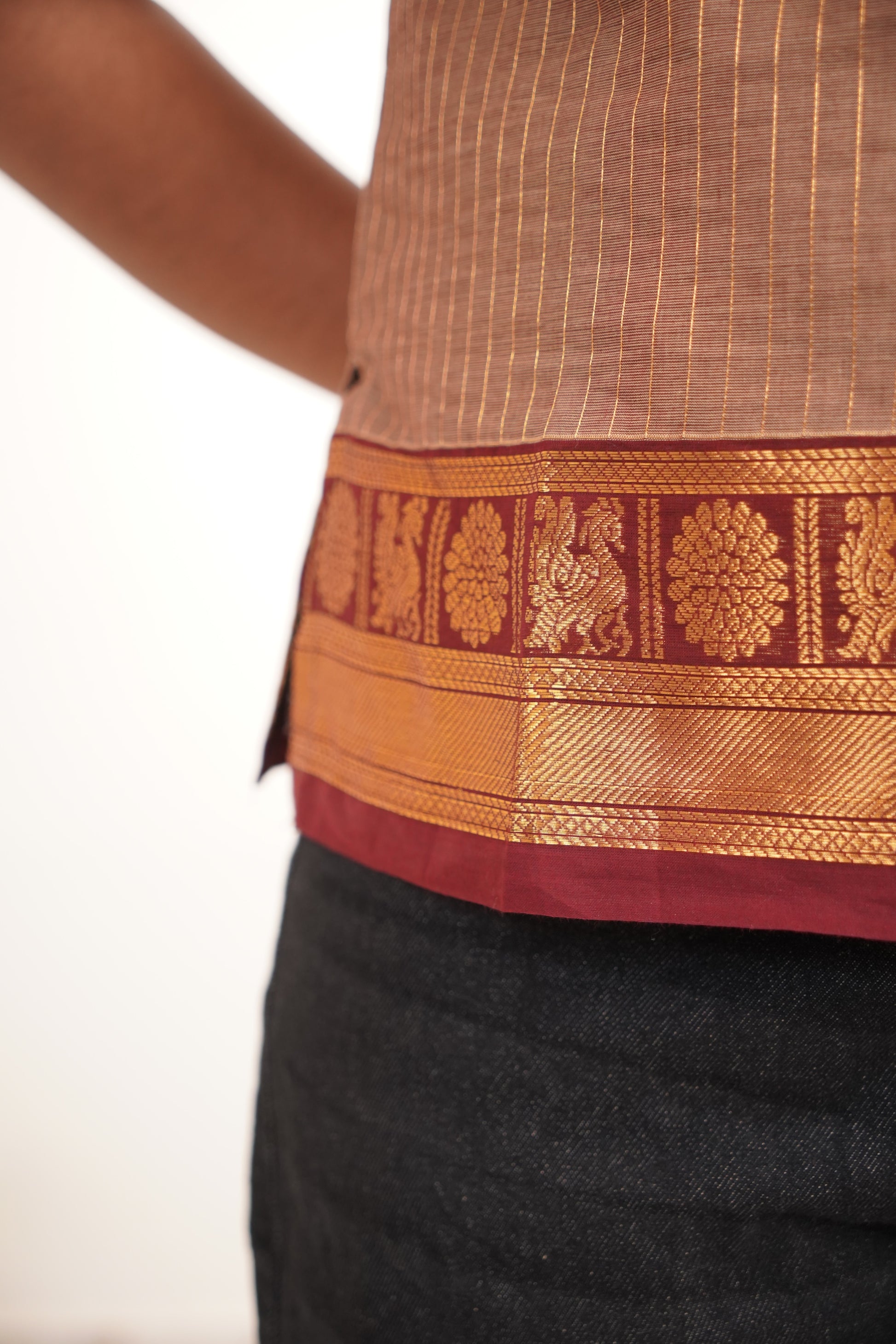Beige with Brown Border Chettinad Cotton Short Kurti - #NST007