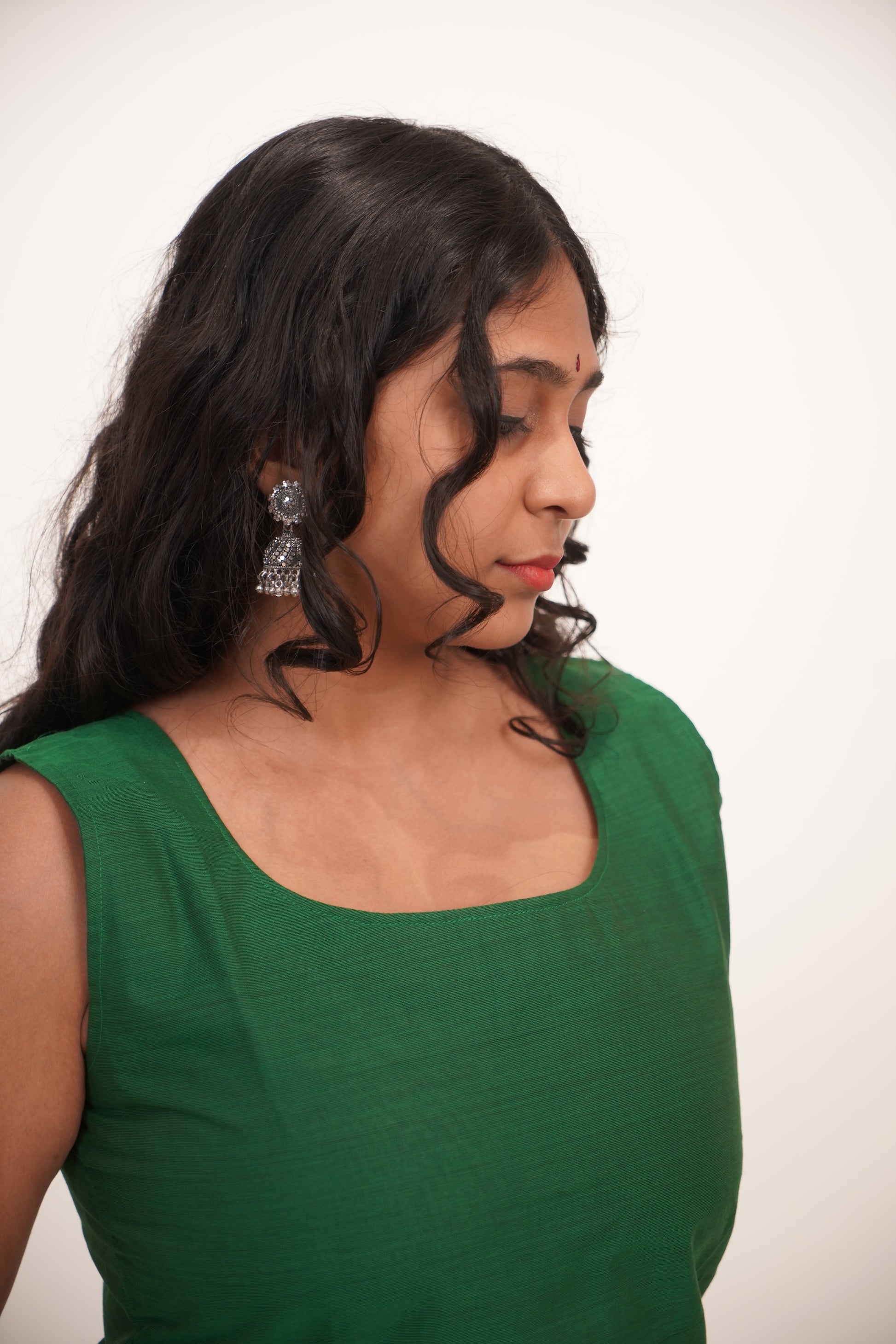 Green with Pink Border Chettinad Cotton Short Kurti - #NST008