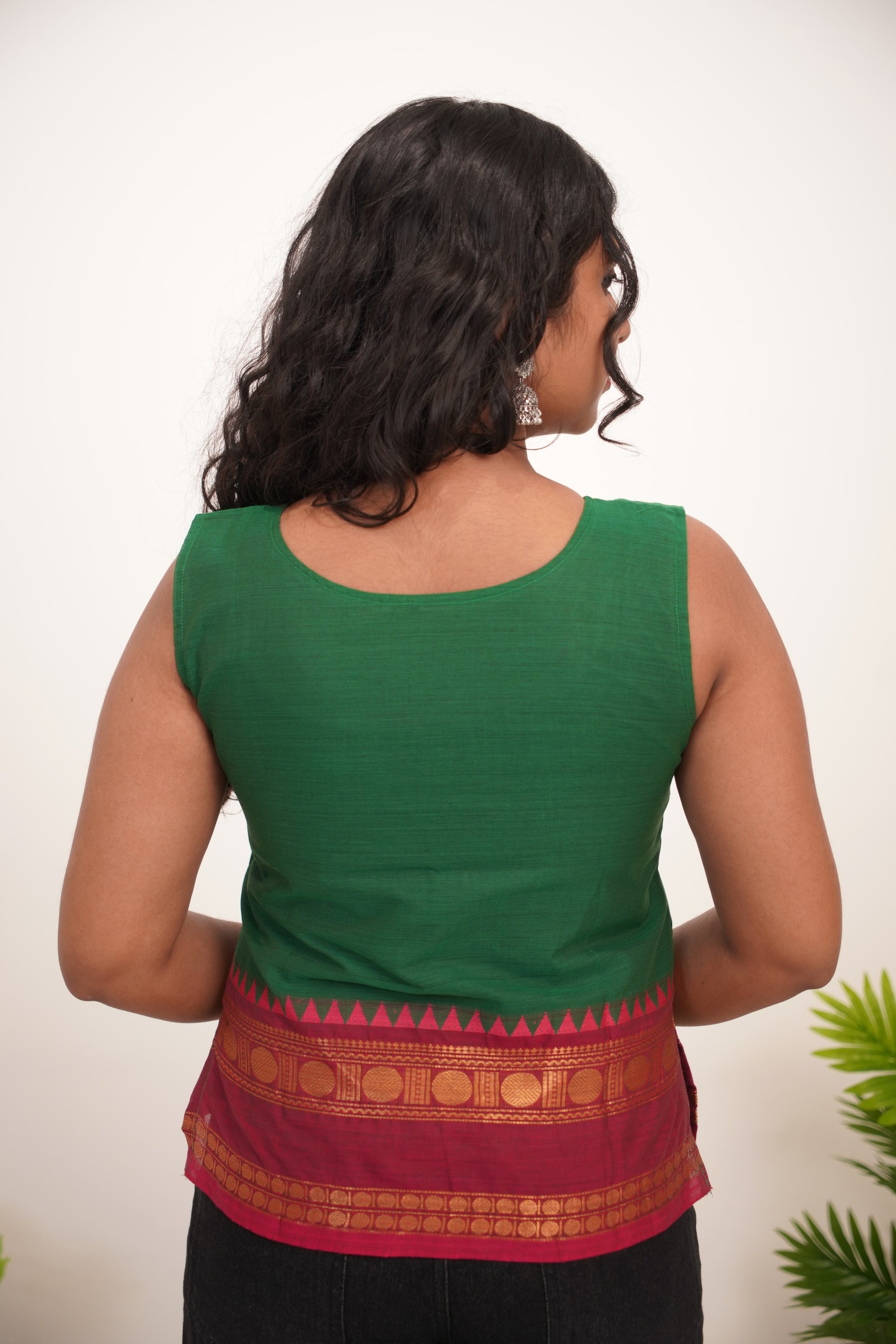 Green with Pink Border Chettinad Cotton Short Kurti - #NST008