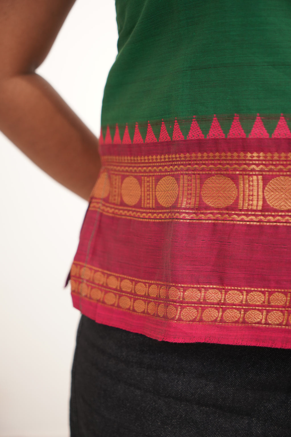 Green with Pink Border Chettinad Cotton Short Kurti - #NST008