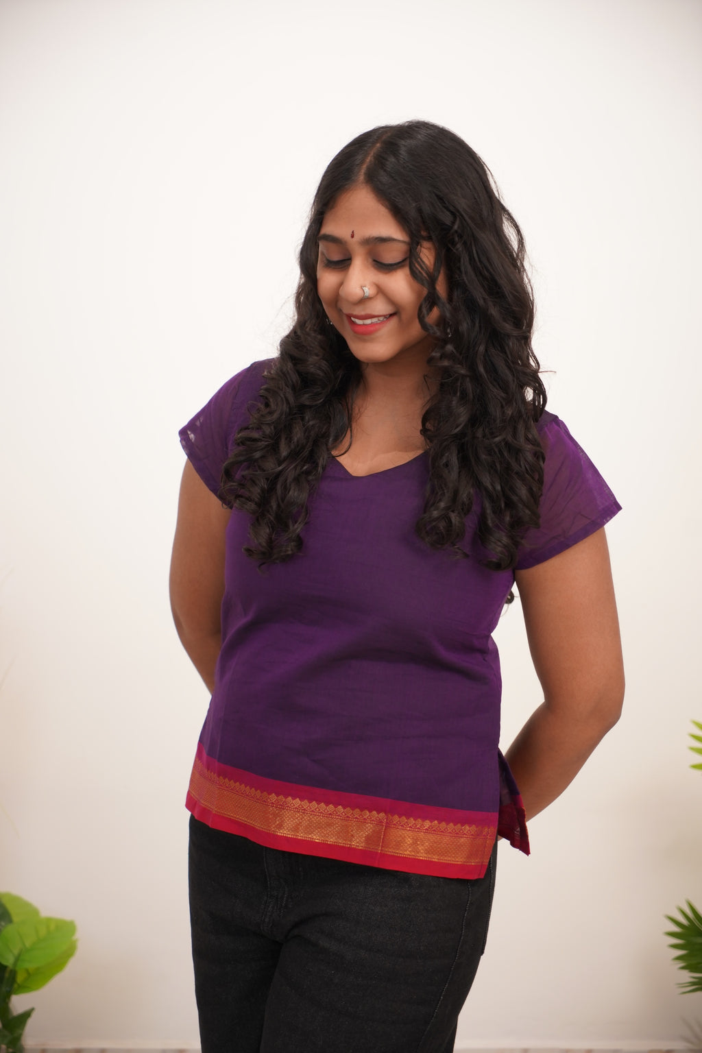 Lavender with red Border Chettinad Cotton Short Kurti - #NST009