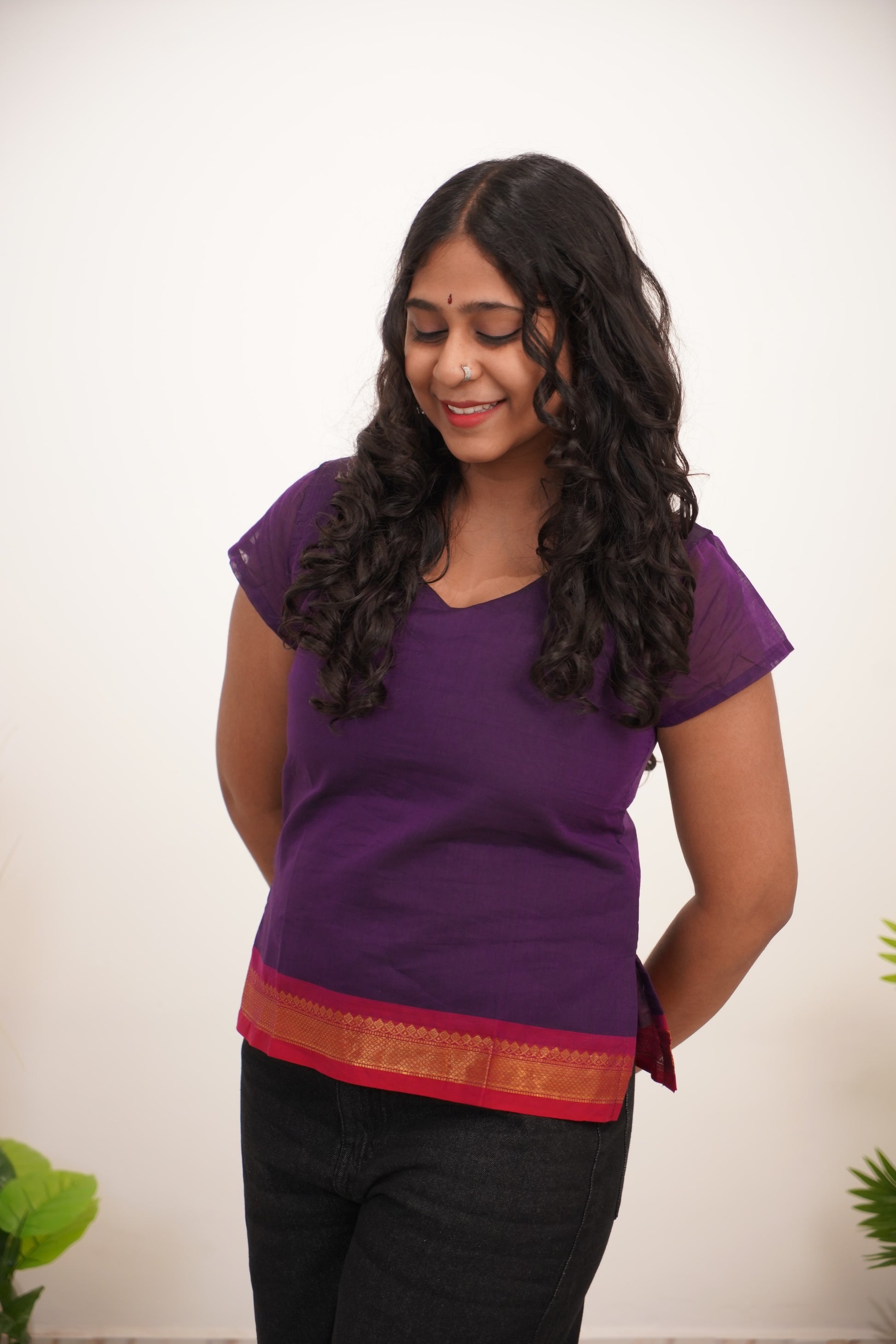 Lavender with red Border Chettinad Cotton Short Kurti - #NST009