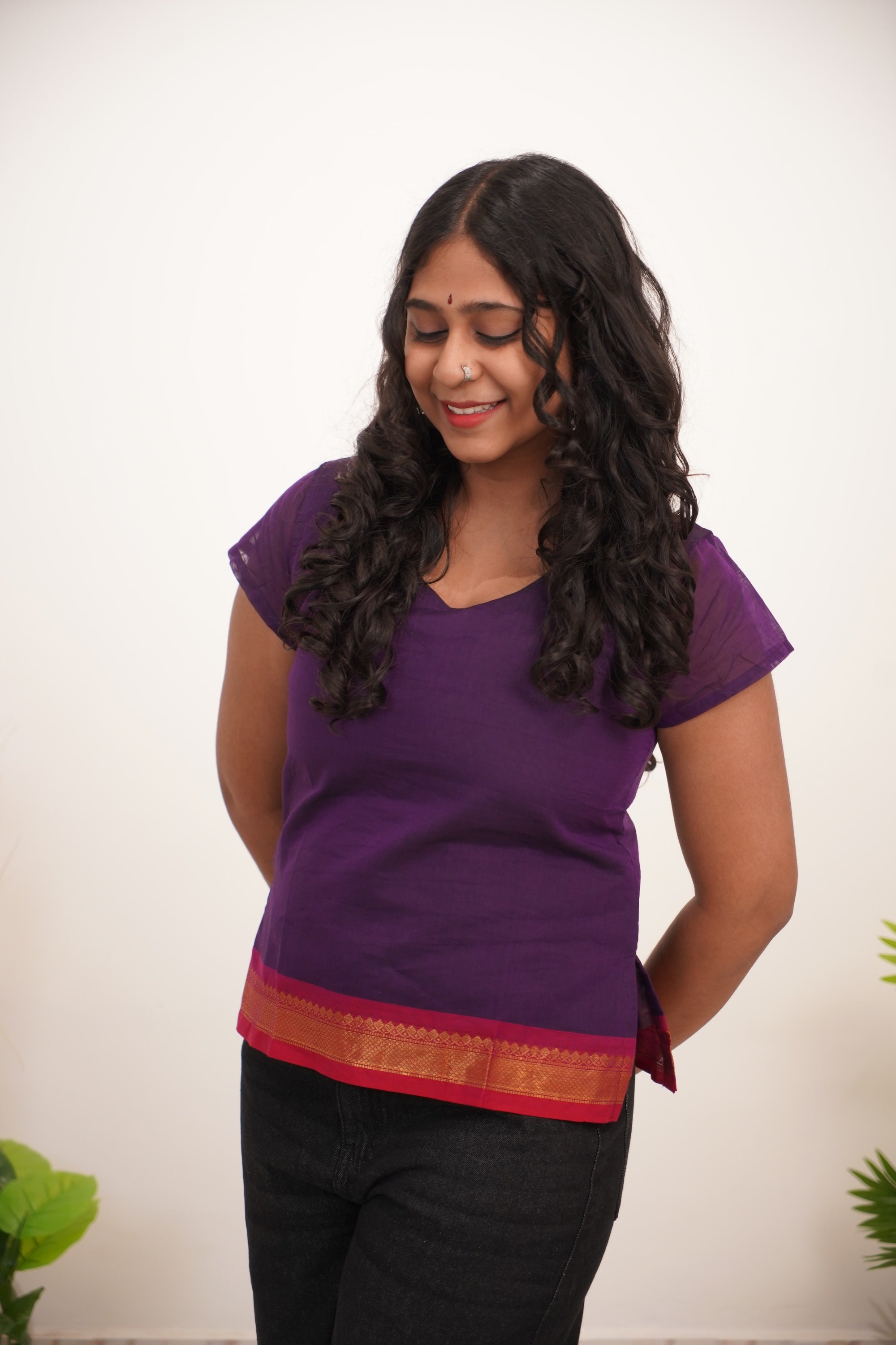 Lavender with red Border Chettinad Cotton Short Kurti - #NST009