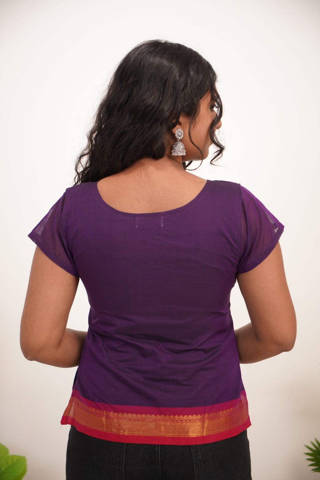 Lavender with red Border Chettinad Cotton Short Kurti - #NST009