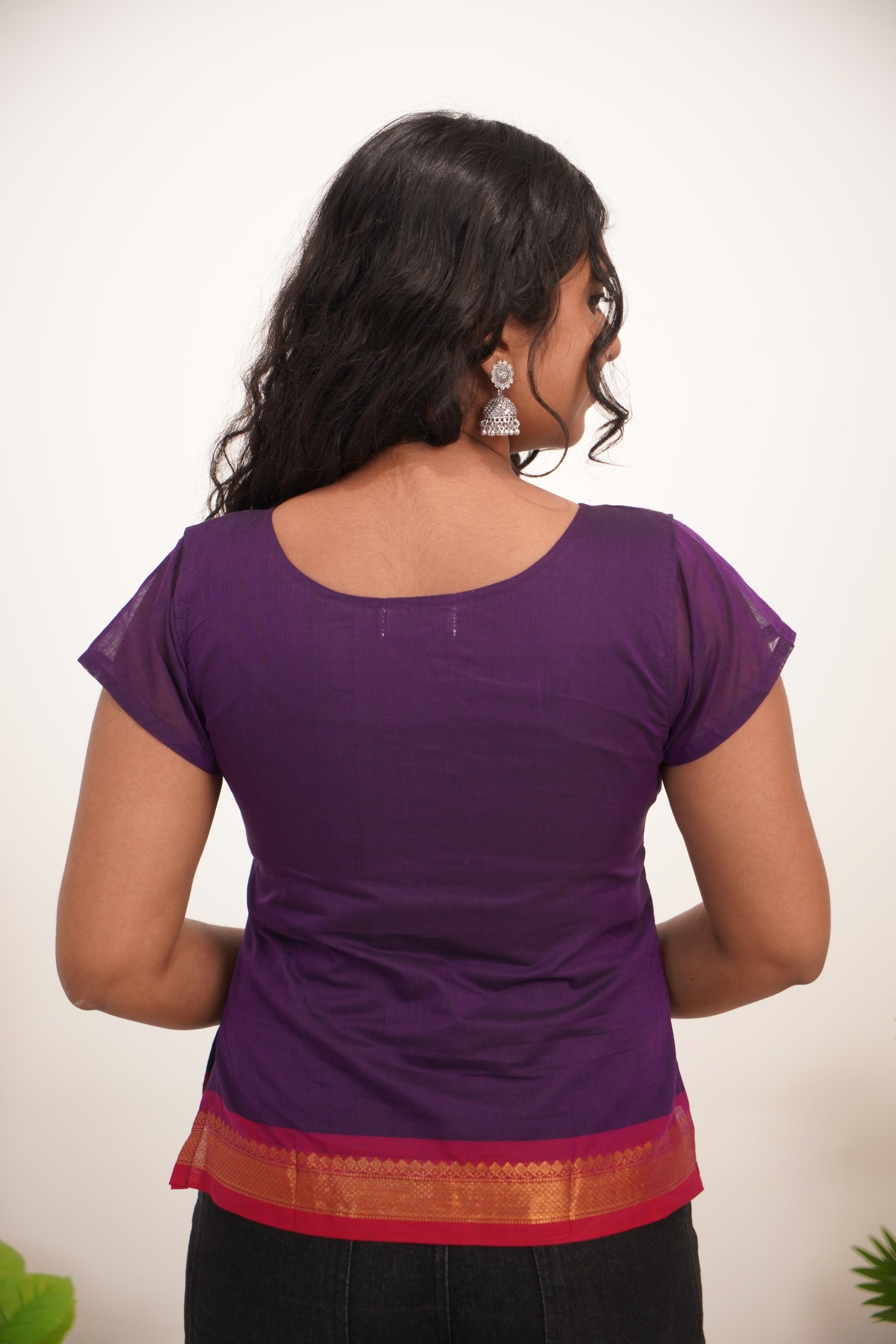 Lavender with red Border Chettinad Cotton Short Kurti - #NST009