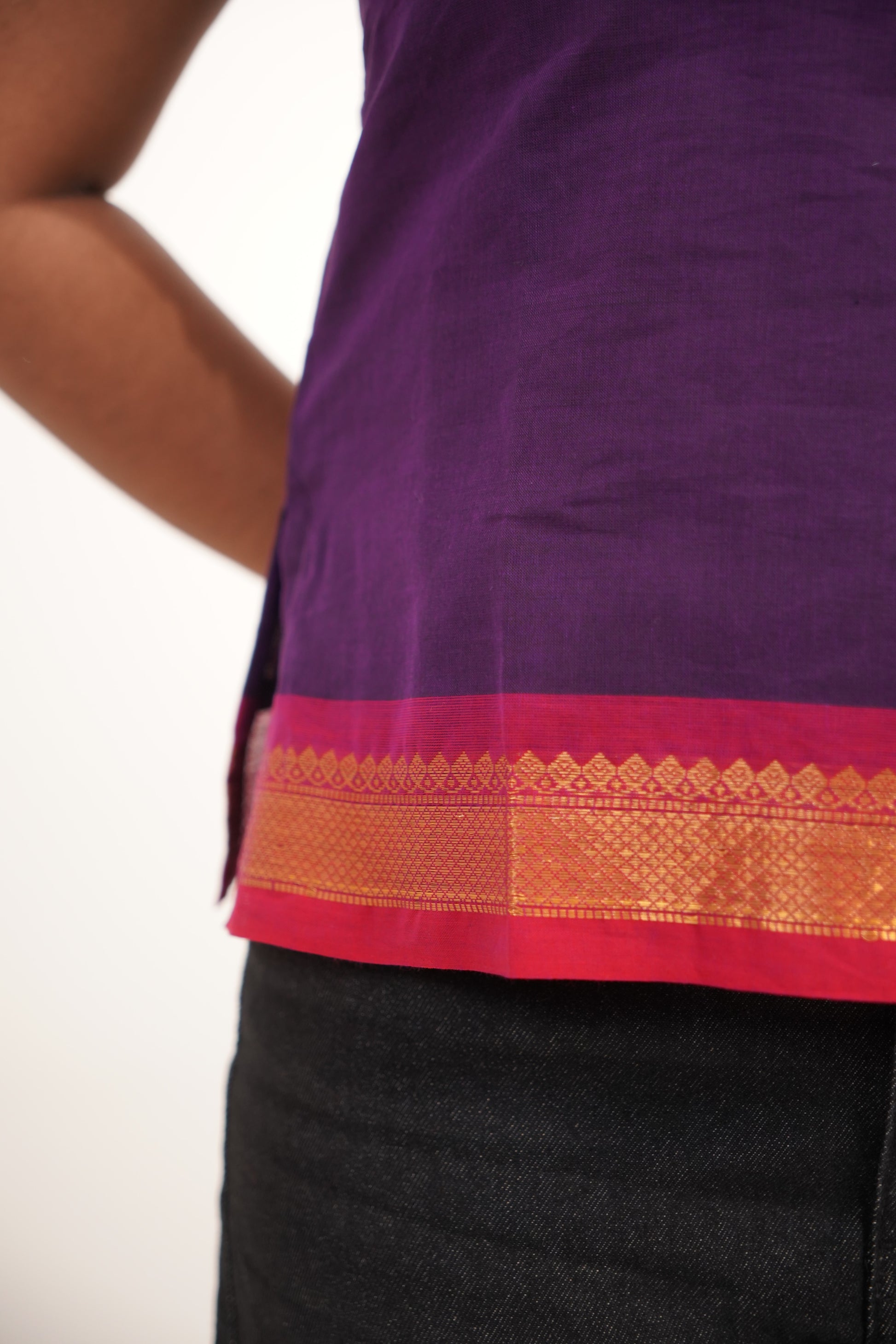 Lavender with red Border Chettinad Cotton Short Kurti - #NST009