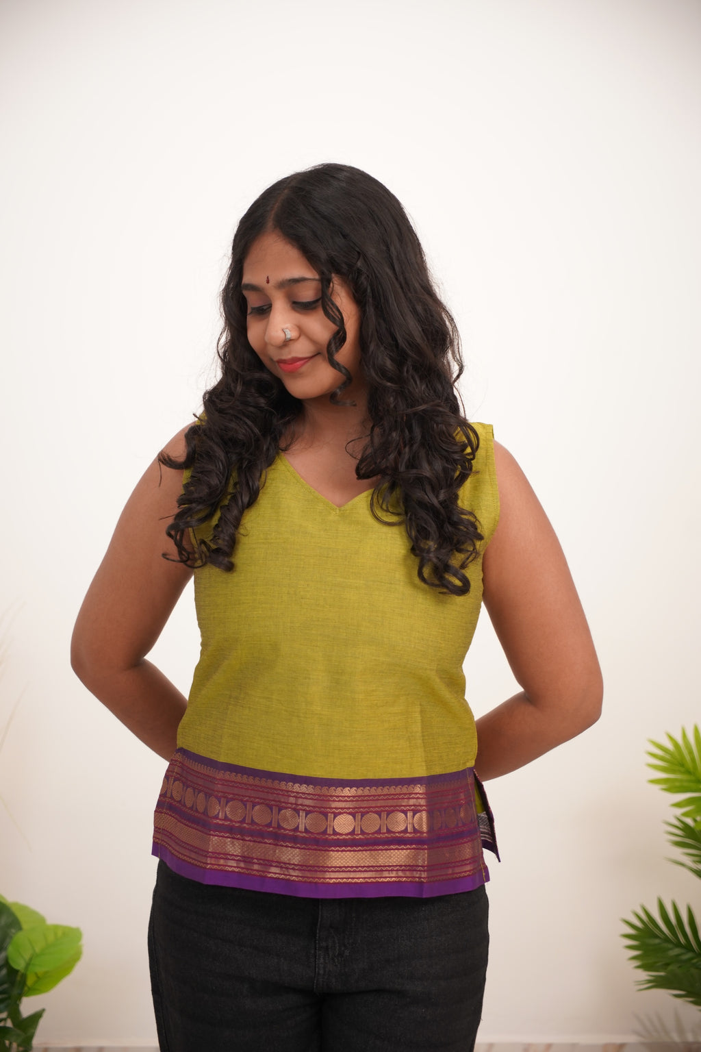 Green with Purple Border Chettinad Cotton Short Kurti - #NST010
