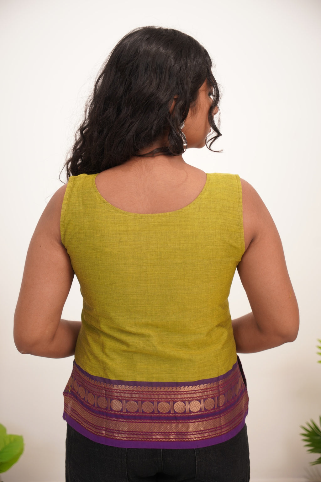 Green with Purple Border Chettinad Cotton Short Kurti - #NST010