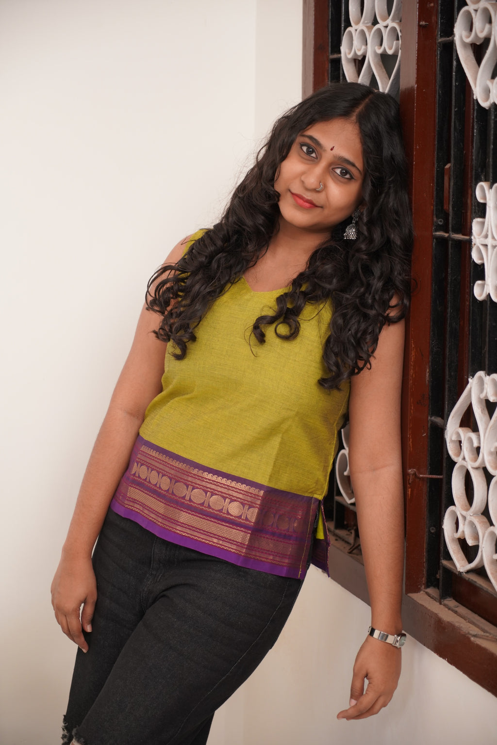 Green with Purple Border Chettinad Cotton Short Kurti - #NST010