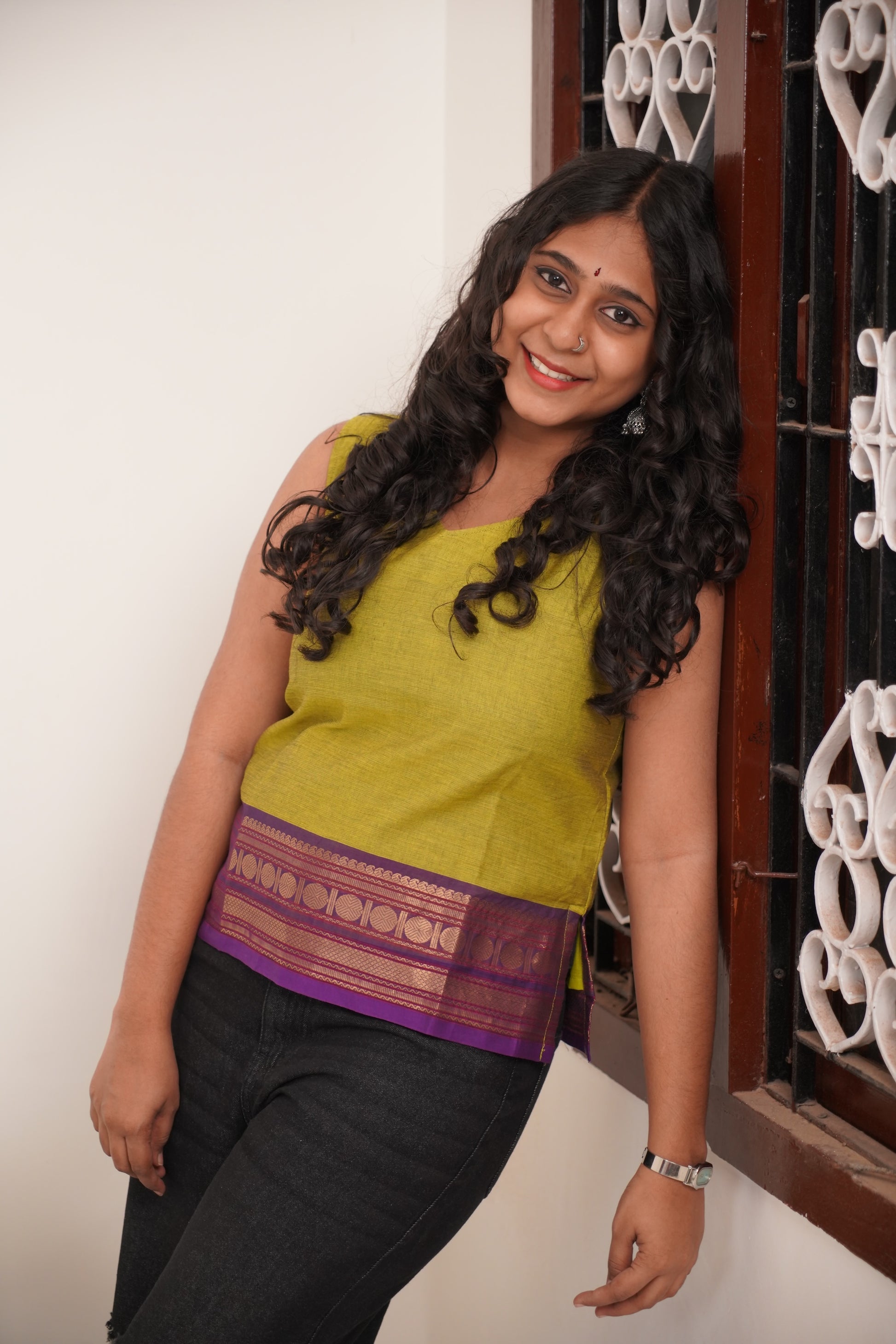 Green with Purple Border Chettinad Cotton Short Kurti - #NST010