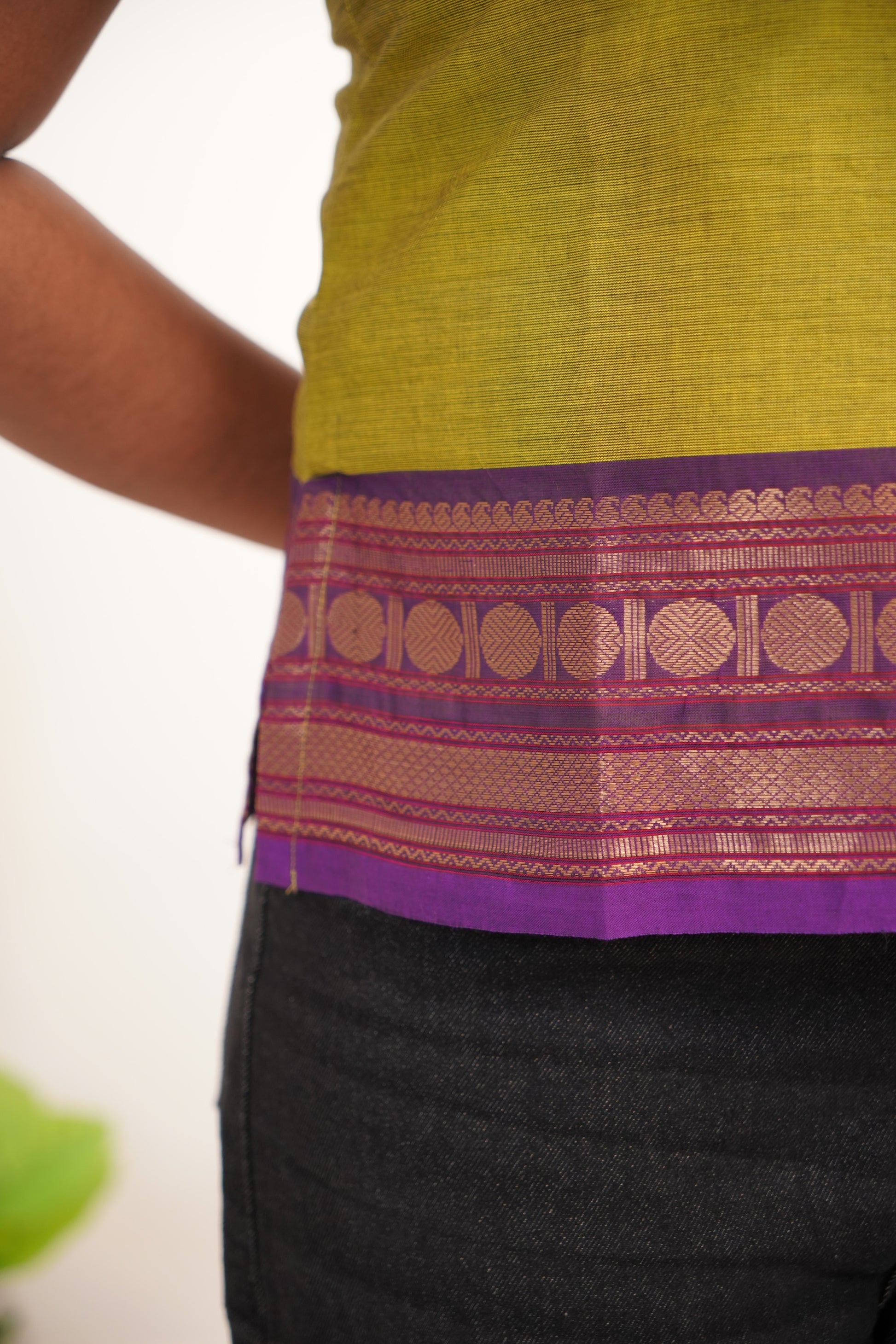 Green with Purple Border Chettinad Cotton Short Kurti - #NST010