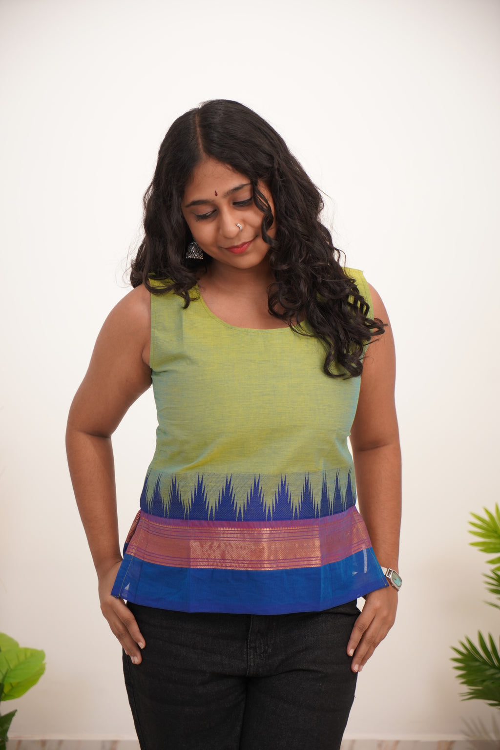 Ilai Green with Blue Border  Chettinad Cotton Short Kurti - #NST011