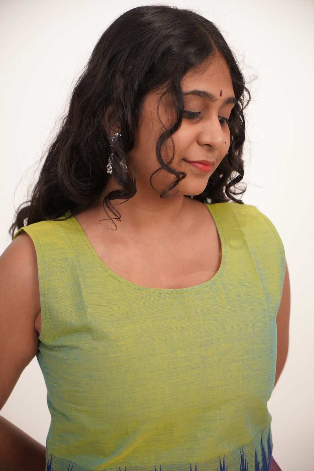 Ilai Green with Blue Border  Chettinad Cotton Short Kurti - #NST011