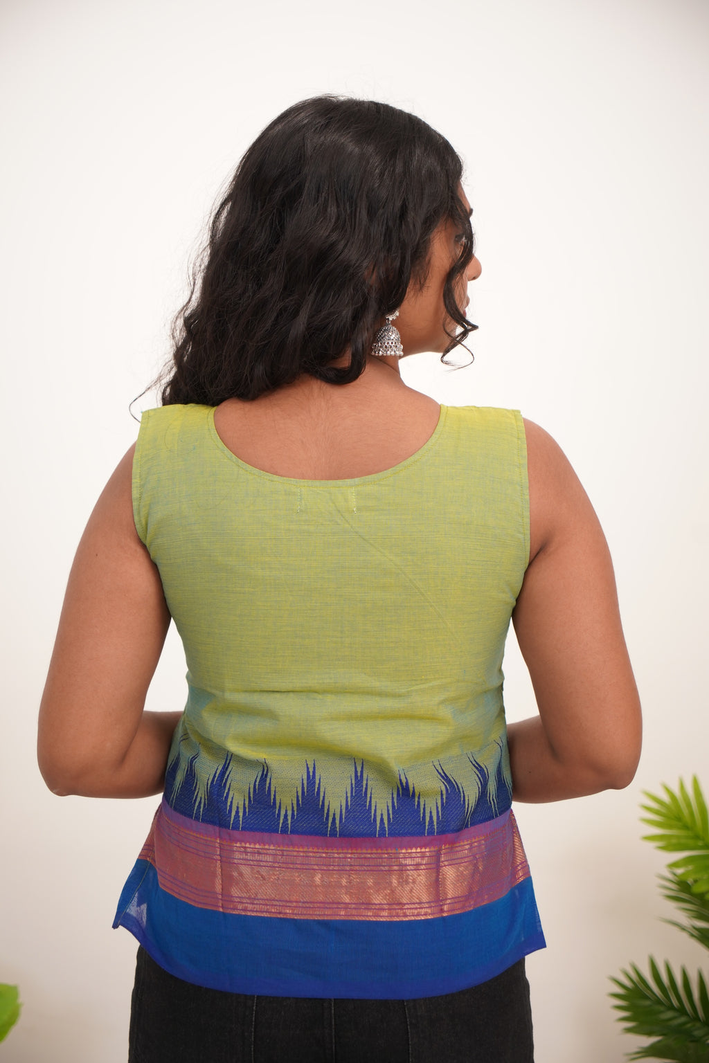 Ilai Green with Blue Border  Chettinad Cotton Short Kurti - #NST011