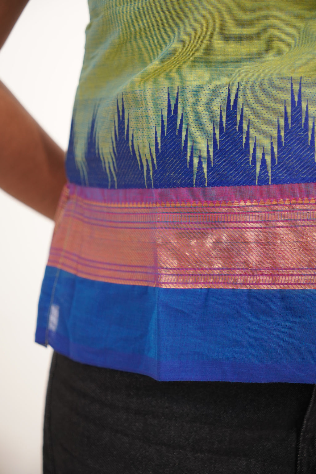 Ilai Green with Blue Border  Chettinad Cotton Short Kurti - #NST011